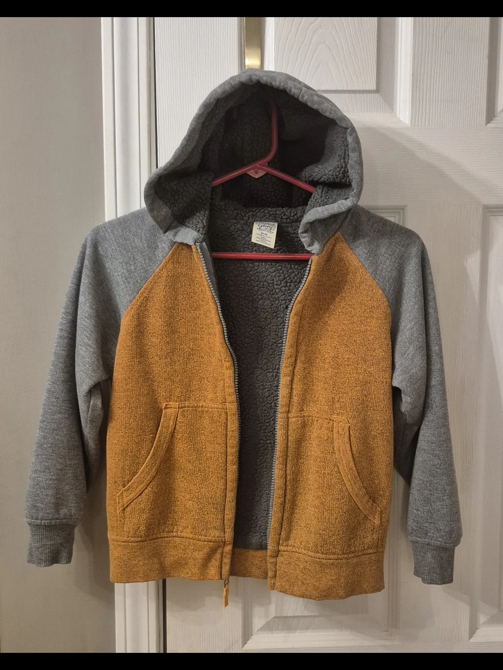 Boys Medium (8) Faded Glory Full Zip Sherpa Lined Hooded Jacket Orange / Gray